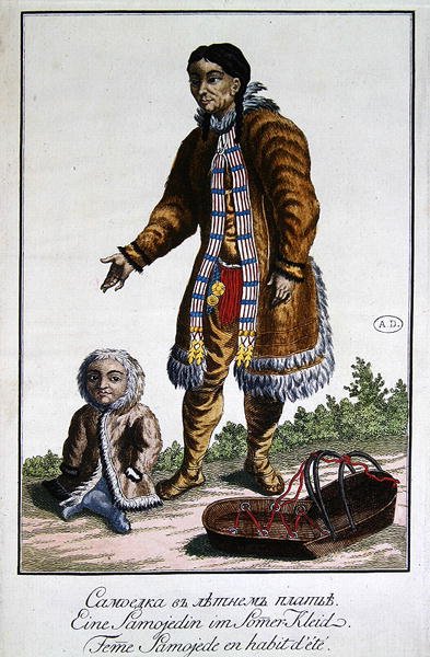 Bebeği ve beşik ile yazlık giysiler içinde Samoyed kadın, geç on sekizinci yüzyıl (renkli gravür) by German School