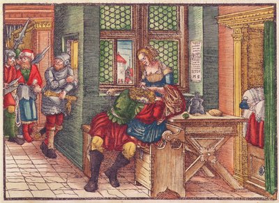 Samson ve Delilah, Luther İncilinden, c.1530 (renkli gravür) by German School