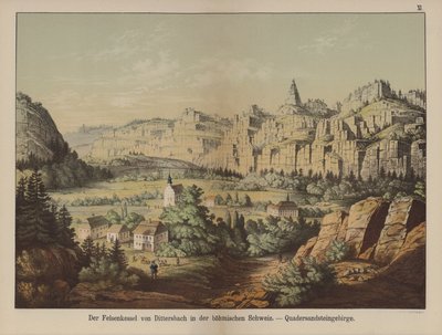 "Bohem İsviçre" nin kumtaşı dağları,Jetrichovice (Dittersbach), Çek Cumhuriyeti (renkli taş) by German School