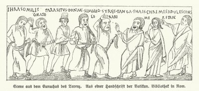 Eunuchus'tan (Hadım) bir sahne, Romalı oyun yazarı Terence'in (litho) komedisi by German School