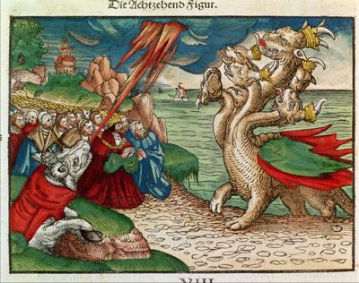 Vahiy Kitabından yedi başlı yılan, Luther İncilinden, c.1530 (renkli gravür) by German School