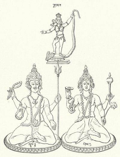 Shiva, Vishnu ve Krishna, Hindu Tanrıları (Gravür) by German School