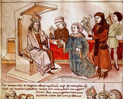 Lüksemburglu Sigismund I (1368-1437), Kutsal İmparatorluğun imparatoru itaatkar halkların haraçını alır. Ulrich Richental (1360-1437) 1438
