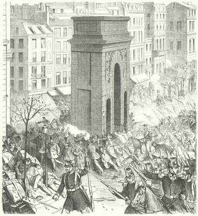 Aralık 1851 Fransız darbesi sırasında Paris sokaklarında askerler (gravür) by German School