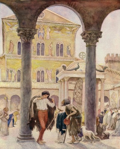 Aziz Francis ve bir dilenci, Aziz Petrus Bazilikası, Roma (renkli taş baskı) by German School
