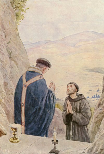 Aziz Francis, Kardeş Leo ile birlikte ayini kutluyor (renkli taş baskı) by German School