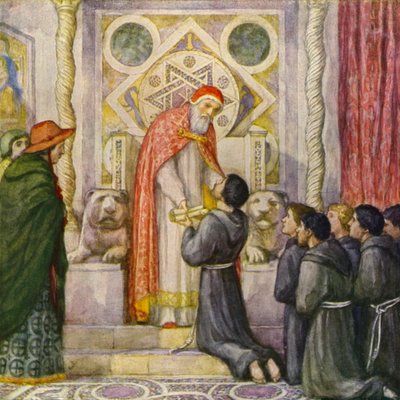 Aziz Francis Papa Innocent III tarafından kabul edildi (renkli taş baskı) by German School
