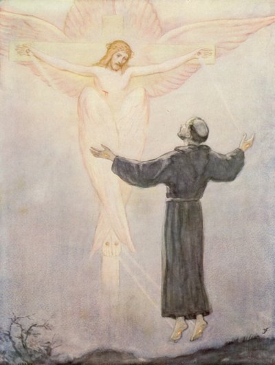 Aziz Francis stigmatasını alırken (renkli taş baskı) by German School