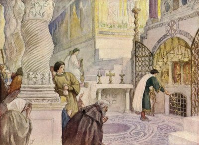 Aziz Francis Havarilerden birinin mezarını ziyaret ederken (renkli taş baskı) by German School