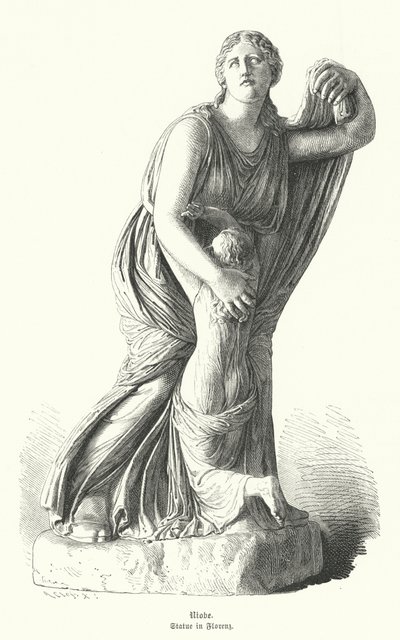 Niobe'nin çocuklarından birini Artemis ve Apollon'dan koruyan heykeli (gravür) by German School