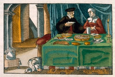 Akşam yemeği masası, bir Alman el yazmasından, c.1650 (el boyaması gravür) by German School