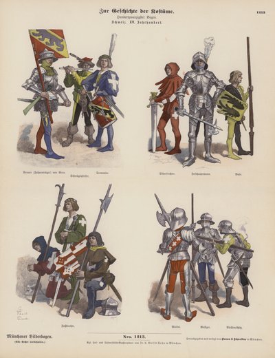 15. yüzyılın İsviçre askeri kostümleri (renkli gravür) by German School