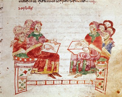 Bir Minyatür okulundaki öğretim sahnesi, Rabanus Maurus Magnentius (veya Raban Maur veya Rabano Mauro) (yaklaşık 780-856). 9. yüzyıl. Arşiv by German School