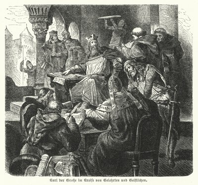 Bilginler ve din adamları tarafından çevrili İmparator Charlemagne (gravür) by German School