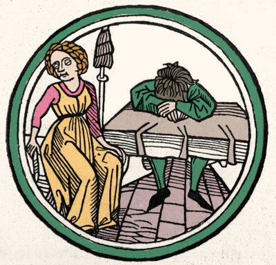 Dört Mizaç: Melankolik (üzgün ve depresif) Xylography, Augsburg 1480 by German School