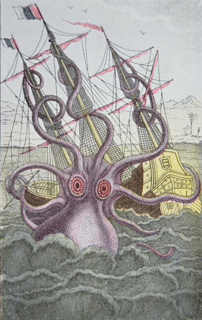 Kraken bir gemiyi aşağı çekiyor (renkli gravür) by German School