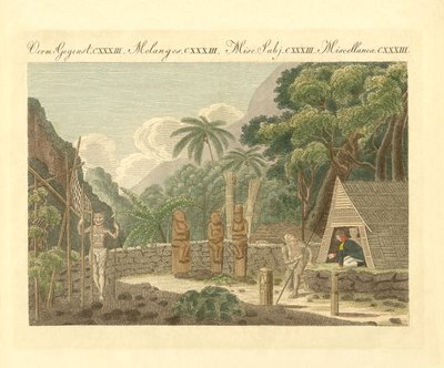 Güney Denizlerindeki Nukahiwah Adası'ndaki Morai veya mezarlık meydanı (renkli gravür) by German School