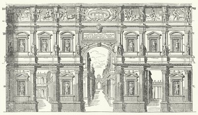 Teatro Olimpico ("Olimpiyat Tiyatrosu") Vicenza, Kuzey İtalya (gravür) by German School