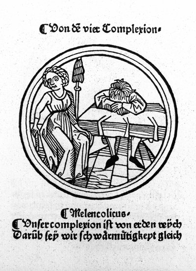 Dört mizaç: melankolik (üzgün ve depresif). Ksilografi, Augsburg 1480. by German School