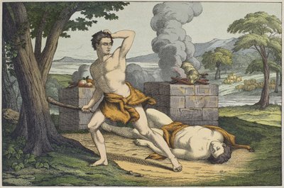 Abel'ın öldürülmesi, Jakob Ferdinand Schreiber, Esslingen tarafından yayınlanan 'L'Ancien Testament'dan bir örnek (renkli gravür) by German School