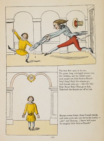 Küçük bir başparmak emme hikayesi. Conrad, başparmaklarını emen küçük bir çocuk, bir terzi olan makas adama parmaklarını kesti (renkli gravür) by German School