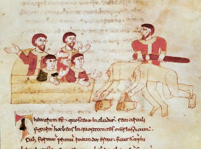 Tiyatro sahnesi, soldaki seyirci aktörlerin performansını alkışlıyor Rabanus Maurus Magnentius (veya Raban) tarafından “” De Universo” (veya De rerum naturis (Of the Nature of Things)) (kod. 132) adlı el yazmasından alınan Minyatür Maur veya Rabano Mauro)  by German School