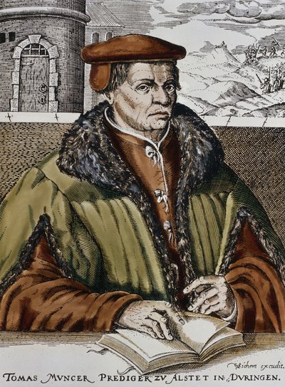 Thomas Muntzer, c.1600 (el renkli gravür) by German School