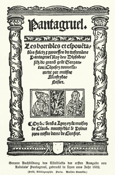 Pantagruel'in Fransız yazar Francois Rabelais tarafından 1532'de Lyon'da basılan ilk baskısının başlık sayfası (litho) by German School