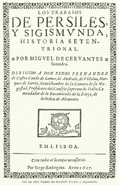 İspanyol romancı Miguel de Cervantes'in Los trabajos de Persiles y Sigismunda'nın (Persiles ve Sigismunda'nın Eserleri) ilk baskısının başlık sayfası by German School