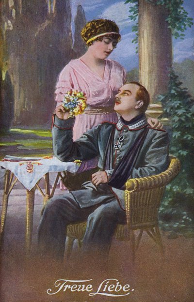 Gerçek aşk: yaralı Alman askeri sevgilisiyle (renkli taş baskı) by German School