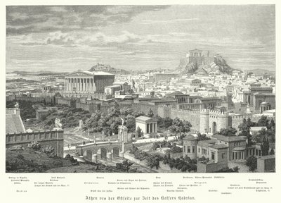 Atina'nın Roma İmparatorluğu döneminde doğudan görünümü Hadrian, 2. Yüzyıl (gravür) by German School