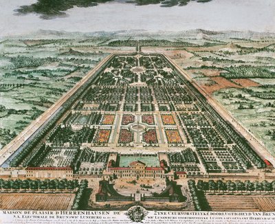 Herrenhausen Kalesi bahçesinin görünümü, yaklaşık 1708, renkli baskı, Almanya by German School