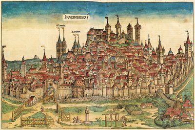 Nuremberg Chronicle, 1493'te yayınlanan Nürnberg şehrinin görünümü by German School
