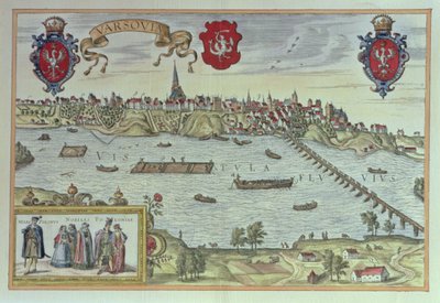 'Eski Avrupa Şehir Manzaraları' (gravür) 'den Vistül nehri yanında Varşova şehrinin görünümü by German School