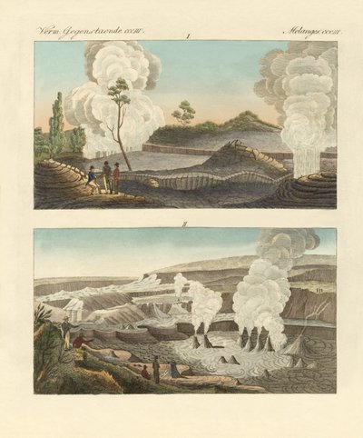 Hawaii Adası'ndaki volkanlar (renkli gravür) by German School