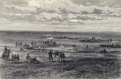 Güney Dakota, ABD kırlarında vagon treni (litho) by German School