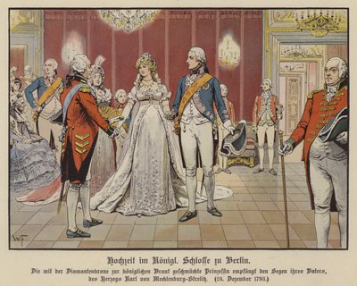 Prusya Veliaht Prensi Frederick William ve Mecklenburg-Strelitz Prensesi Louise'in Kraliyet Sarayı'ndaki düğünü, Berlin, 24 Aralık 1793 (renkli taş) by German School