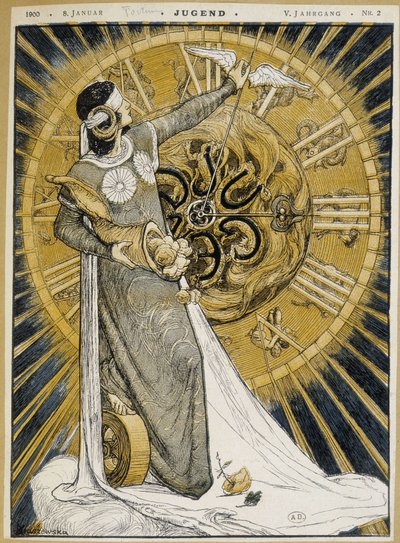 08/01/1900 tarihli “Jugend”de, bolluk boynuzu tutan ve bir saatin ellerini ilerleten şeritli kadın (Talih Alegorisi) by German School