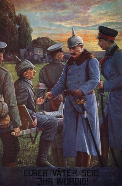 Babalarınıza layıksınız: Kayzer Wilhelm II yaralı bir Alman askerine Demir Haç verirken (renkli taş baskı) by German School