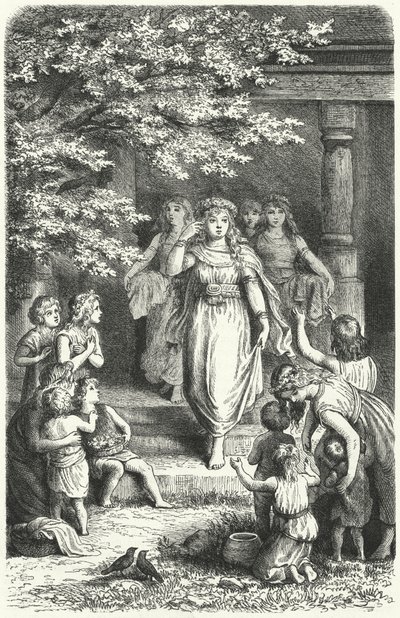 Eostre (Ostara) festivalini kutlamak için çelenk takan genç Alman kadınlar (gravür) by German School