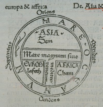 f.177v T-in-O haritası, Tipo baskı yer adlarıyla, Isidore of Seville, Liber Etimologiarvm by German School