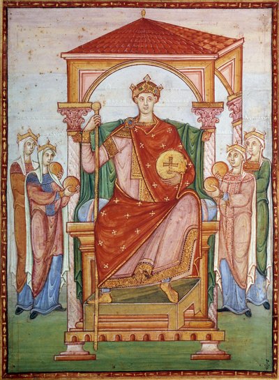 Otton III (980-1002) Cermen imparatoru, 10. yüzyılın sonlarında “Otton III Evanjelik” el yazmasından Minyatür ulusların haraçını alıyor. Chantilly, Conde Müzesi by German School