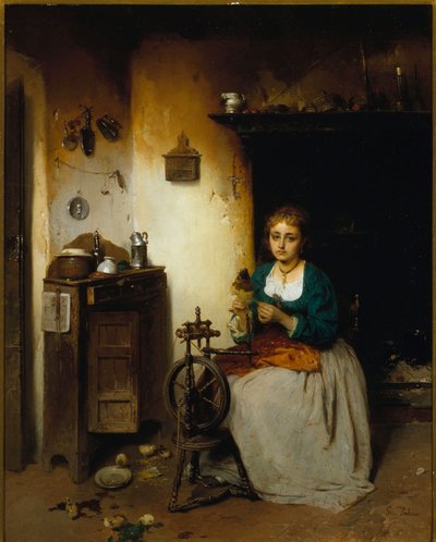 Yün ören genç kadın, ifadesi üzgün ve içi perişan. Gerolamo (Girolamo) Induno (1825-1890) tarafından yapılan boyama Dim. 65x52 cm Genes Nervi, Galleria d