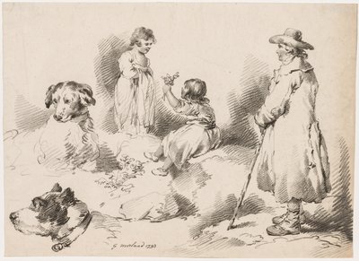 Çocuklar Üzerine Çalışmalar İki Küçük Kız, İki Köpek, Bir Adam, 1793. by Gerrard Street J. Harris Soho