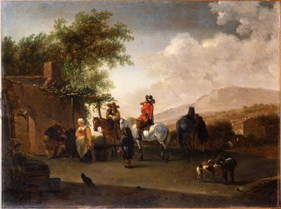 İtalyan bir manzarada bir dağ geçidinde at sırtında serinletici içecekler by Gerrit Adriaensz Berckheyde