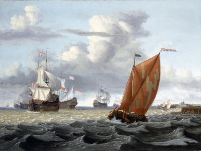 Zuiderzee (veya Zuyderzee veya Güney Denizi) üzerinde muhtemelen Enkhuizen (Hollanda), bir kilise kulesi ve birkaç bina ile bir Hollanda limanı açıklarında seyrüsefer ve çok çeşitli gemilerin tanımı: ringa balıkçı teknesi ve Hollanda Doğu Hindistan Şirketi by Gerrit Pompe