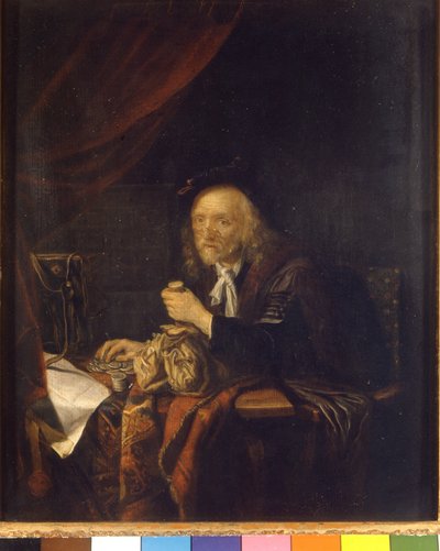 Güvensiz bir adam elinde bir çanta tutarak parasını sayar. Gerard Dou (veya Gerrit Dow) (1613-1675) tarafından yapılan boyama 17. yüzyıl Milan Museo del castello by Gerrit Dou