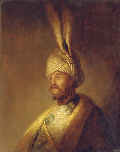 Tüylü sarıklı, göğüs boyunda bir adamın portresi. by Gerrit Dou
