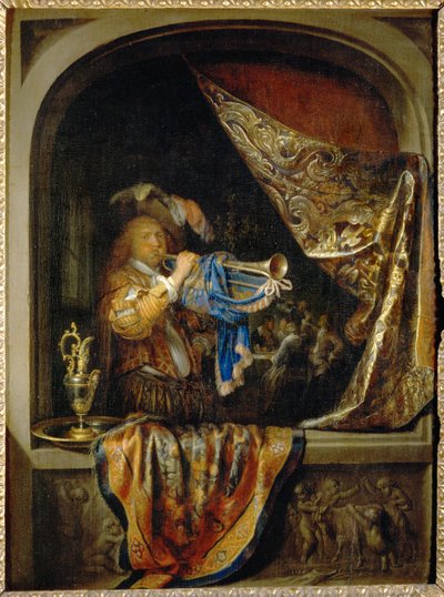 Trompetçi, arka planda bir şölen ... by Gerrit or Gerard Dou