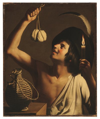 Elinde yanan bir mum ve scamorza peyniri tutan genç bir adam, yanında bir fiasco şişesi (tuval üzerine yağlıboya) by Gerrit van Honthorst